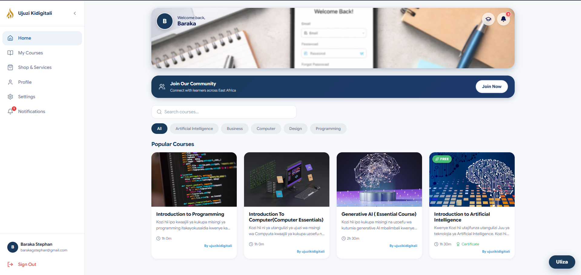 Ujuzi Kidigitali desktop learning dashboard